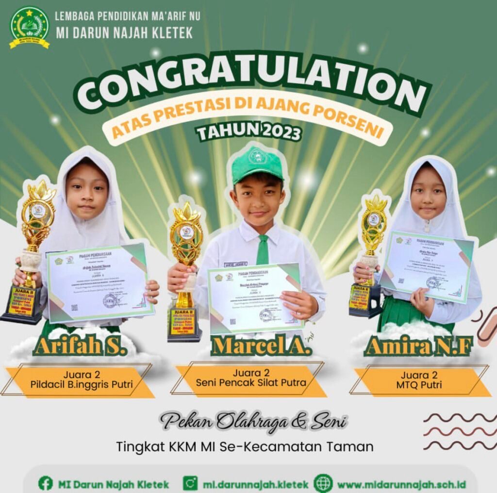Arifah S. 	JUARA 2 (pildacil bahasa inggris pi)
Marcel A 	JUARA 2 (Seni Pencak Silat Pa)
Amira NF 	JUARA 2 (MTQ Pi)